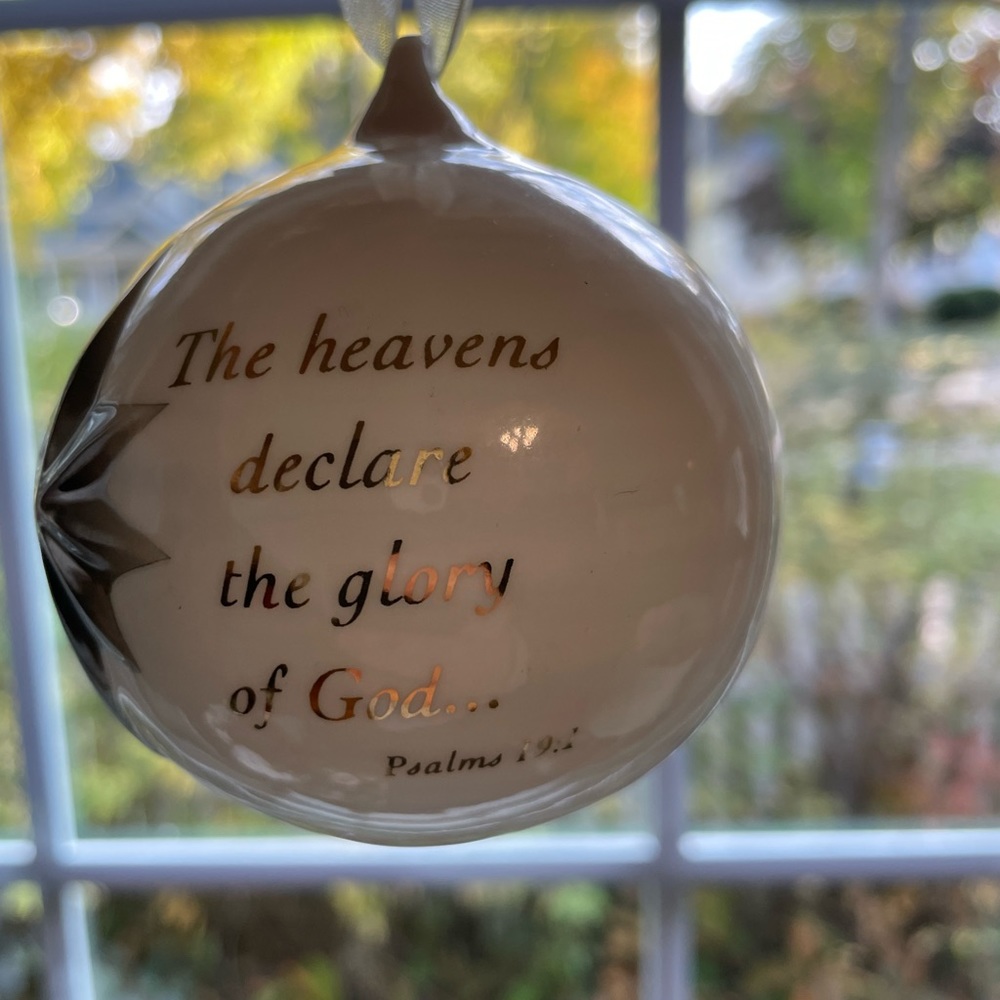 Russ white and gold ceramic Christmas bulb ornament.